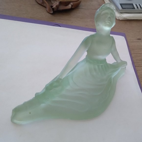 The green dancing lady vintage glasswork by tiffin glass works vanity top